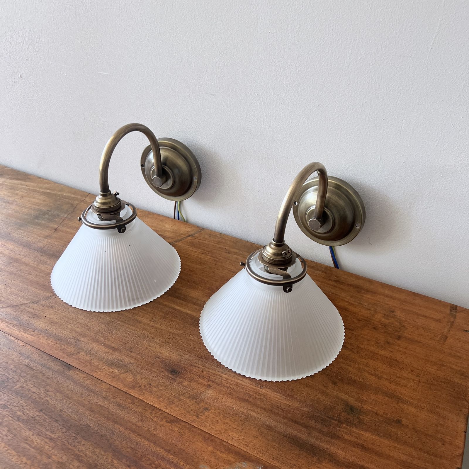 Newly Made Antique Brushed Brass Wall Lights With Contemporary Frosted Conical Shades photo furniture
