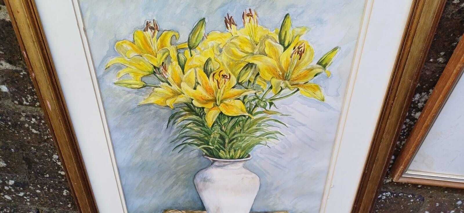 Wonderful Collection Of 3 Large Original Water Colours Of Flower Still Life, In Wooden Frames   Various Artists photo furniture