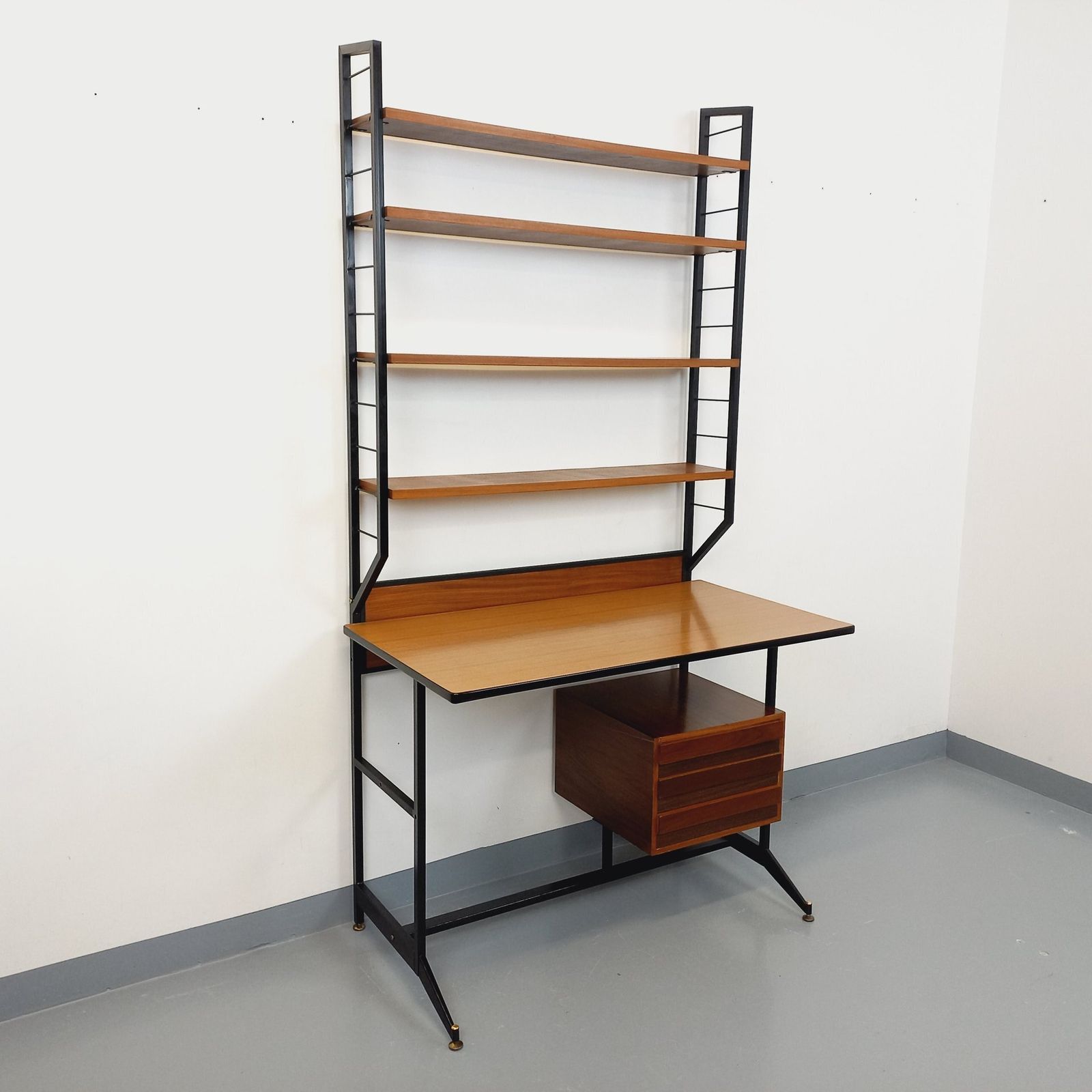 Desk With String Bookcase In Teak, Metal And Melamine