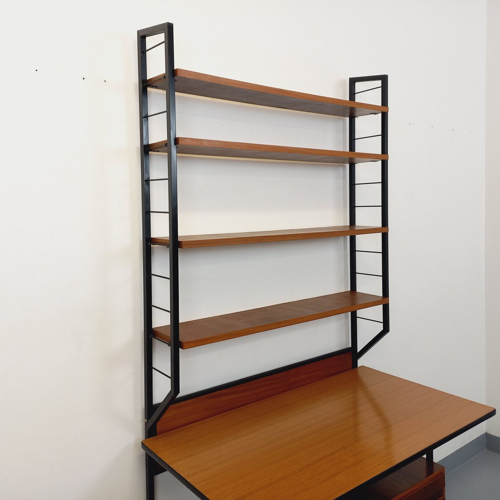 photo for sale Desk With String Bookcase In Teak, Metal And Melamine