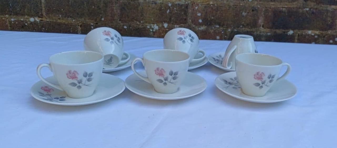 Vintage Royal Doulton "Pillar Rose", Vintage Set Of 6 Coffee Cups & Saucers, Delicate English China, Coffee Set, Coffeeware C1970s