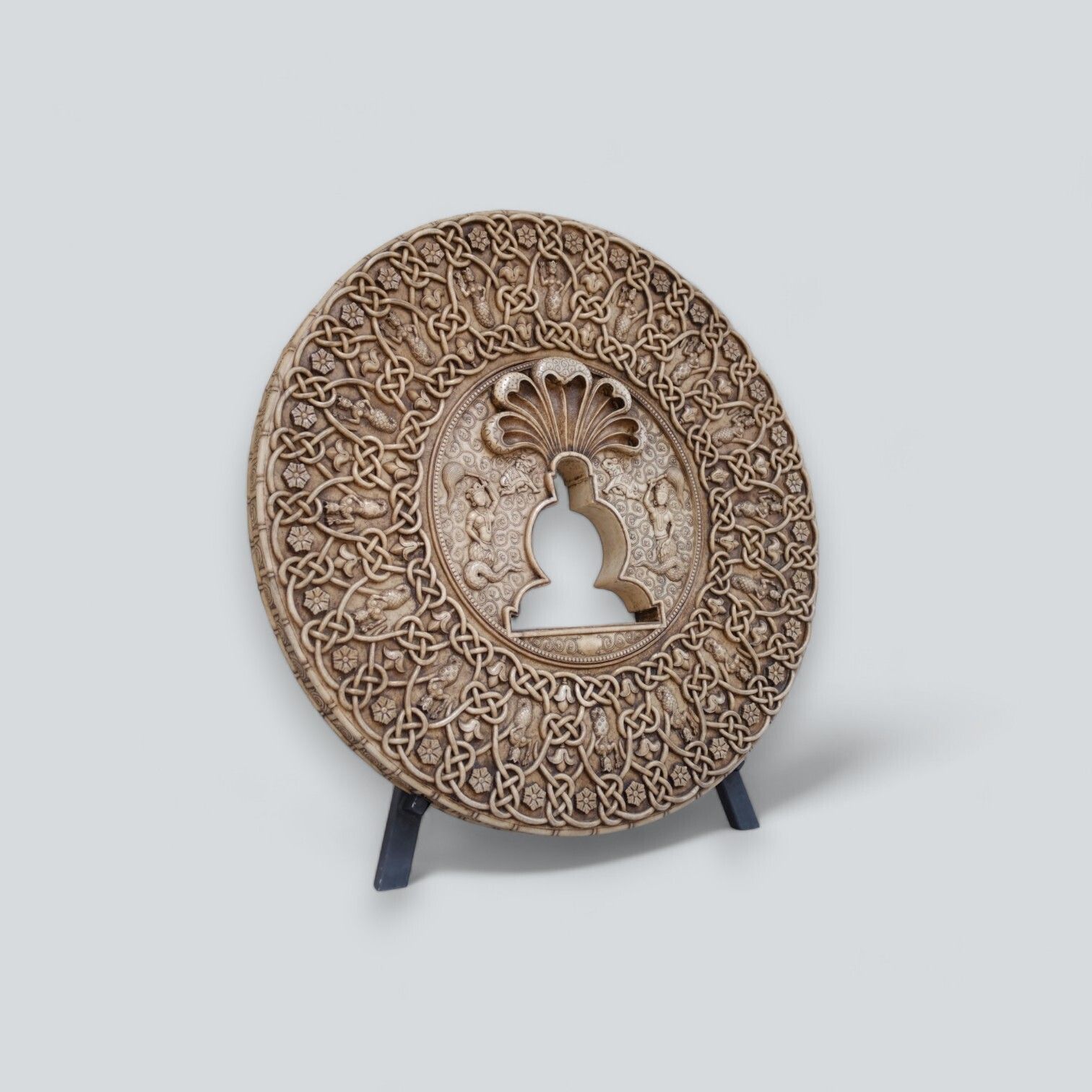 Antique Jain Marble Mandala Panel Featuring Parshvanatha – Hand Carved Low Relief Sculpture From 18th Century Rajasthan, India