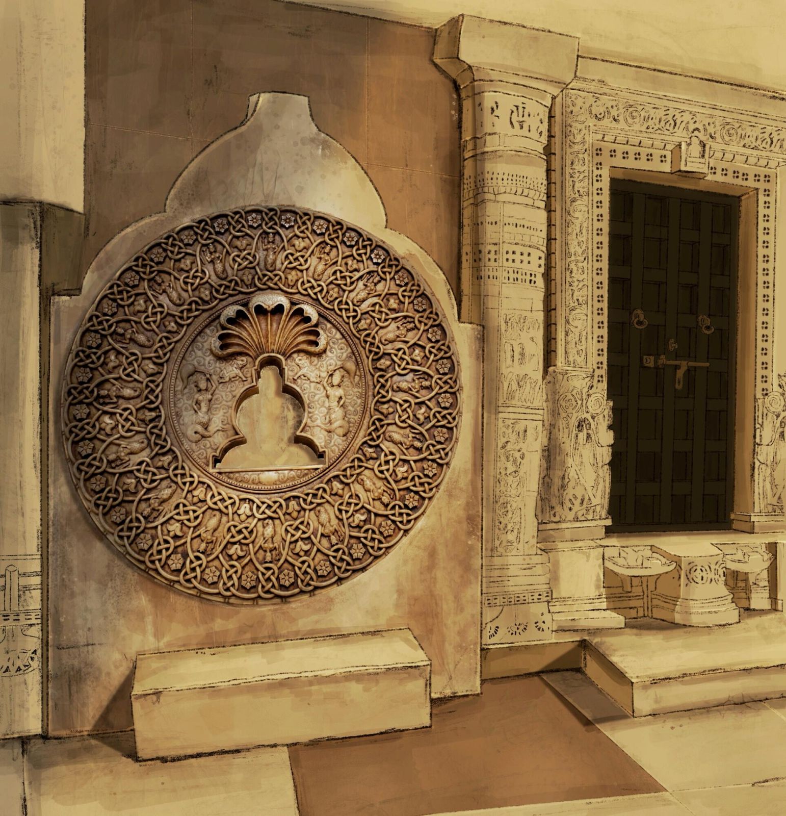 Antique Jain Marble Mandala Panel Featuring Parshvanatha – Hand Carved Low Relief Sculpture From 18th Century Rajasthan, India photo furniture