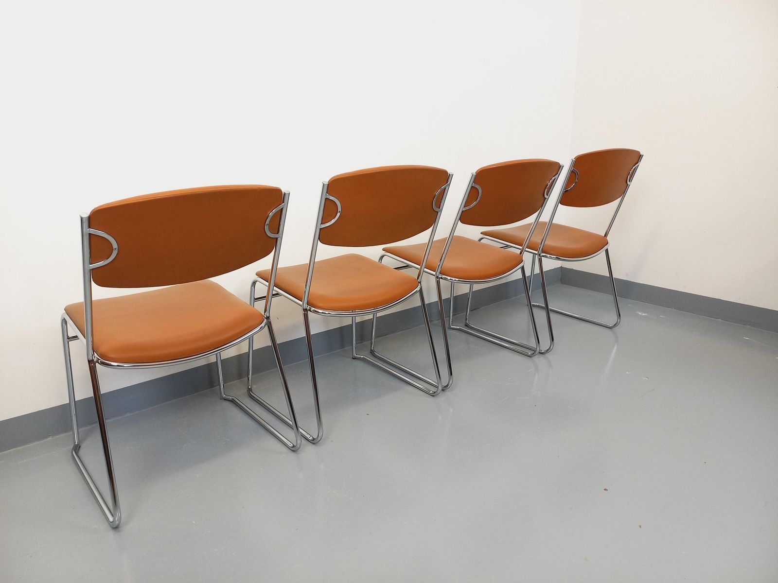 4 Chrome Metal And Cognac Leatherette Sled Chairs photo for sale