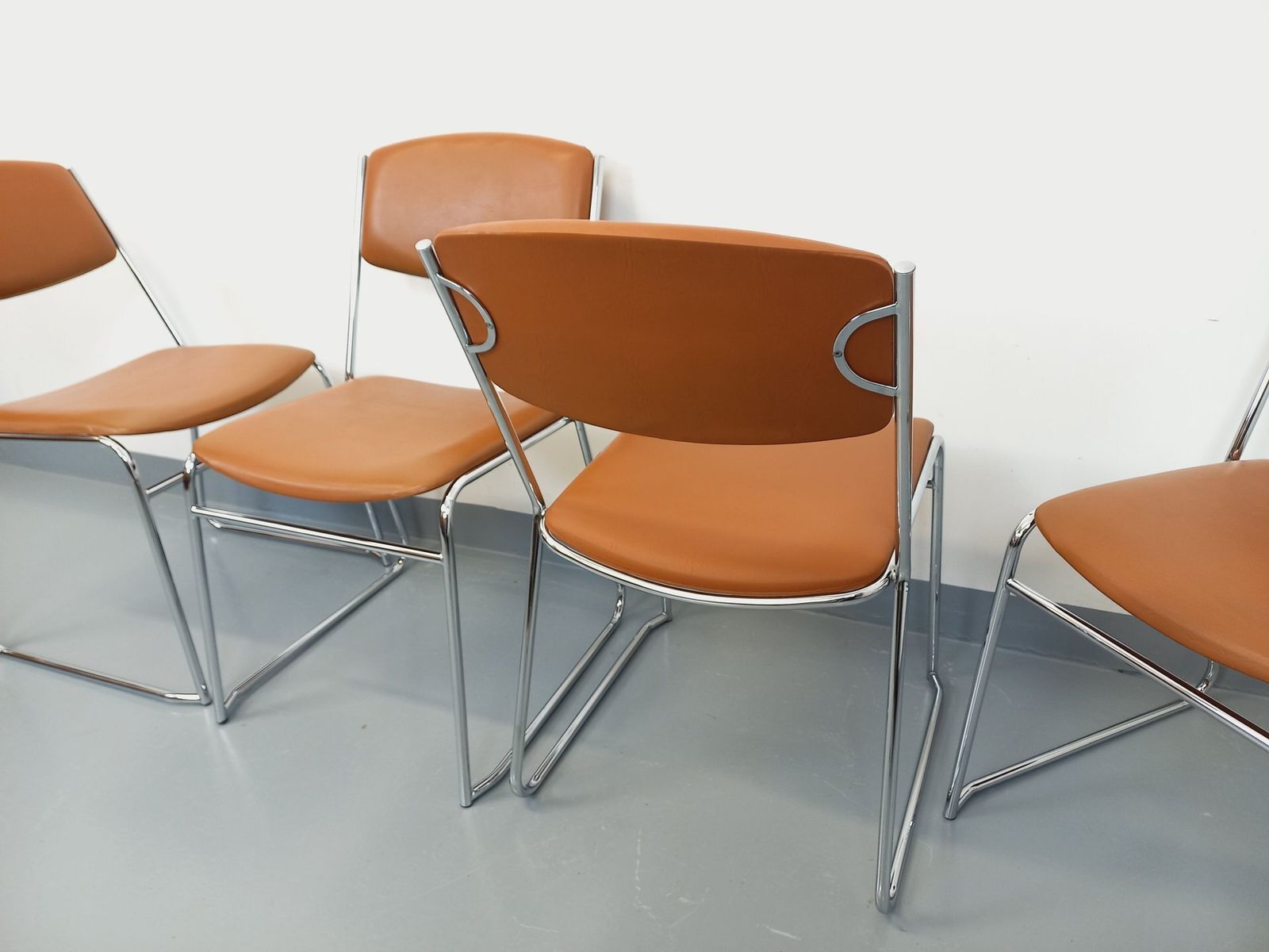 photo for sale 4 Chrome Metal And Cognac Leatherette Sled Chairs
