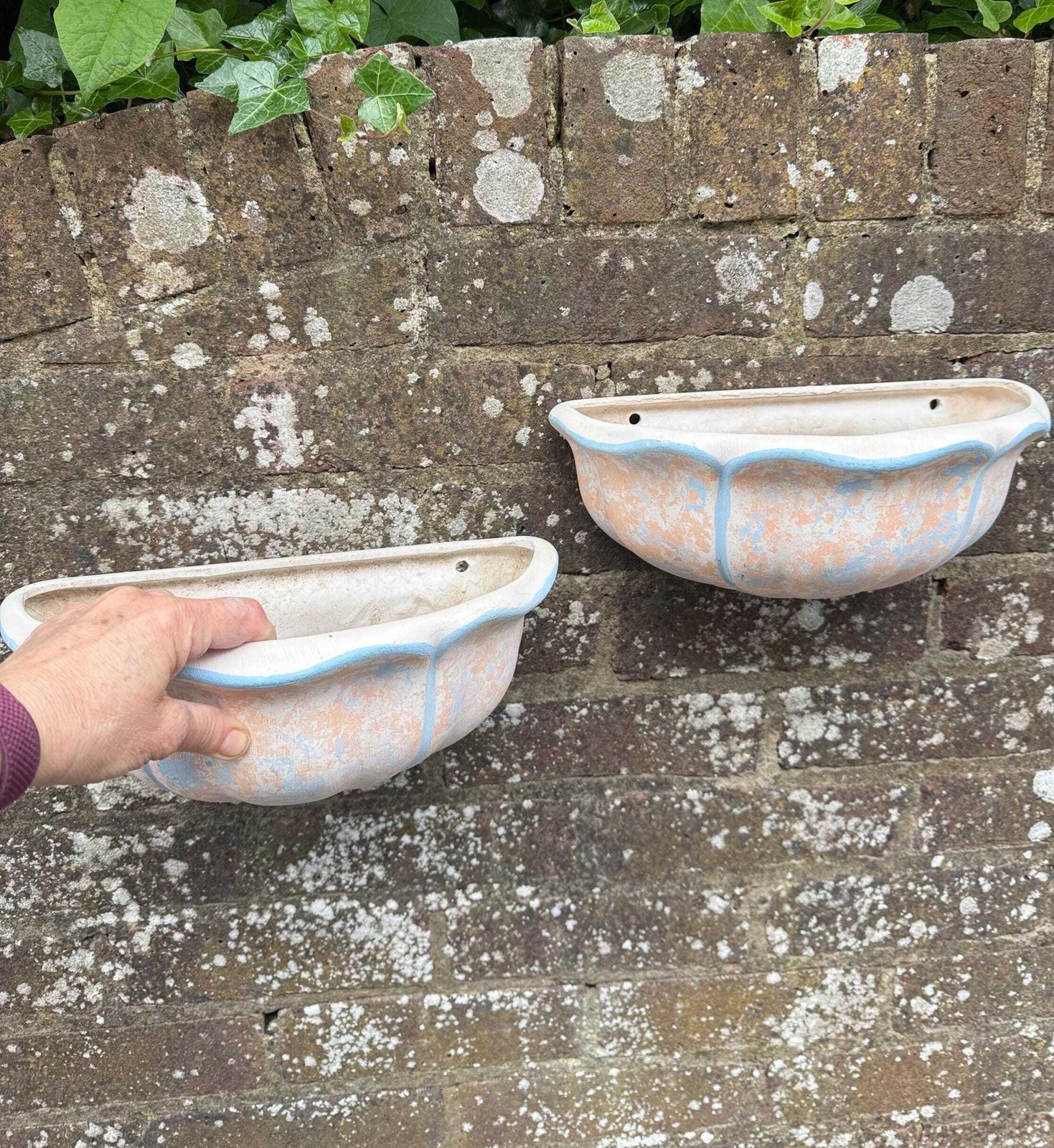 Vintage Pair Of Plaster Wall Planters Or Vintage Outdoor Light Sconces   Delightfully Mediterranean, 1980s Painted Finish, Shell Shaped