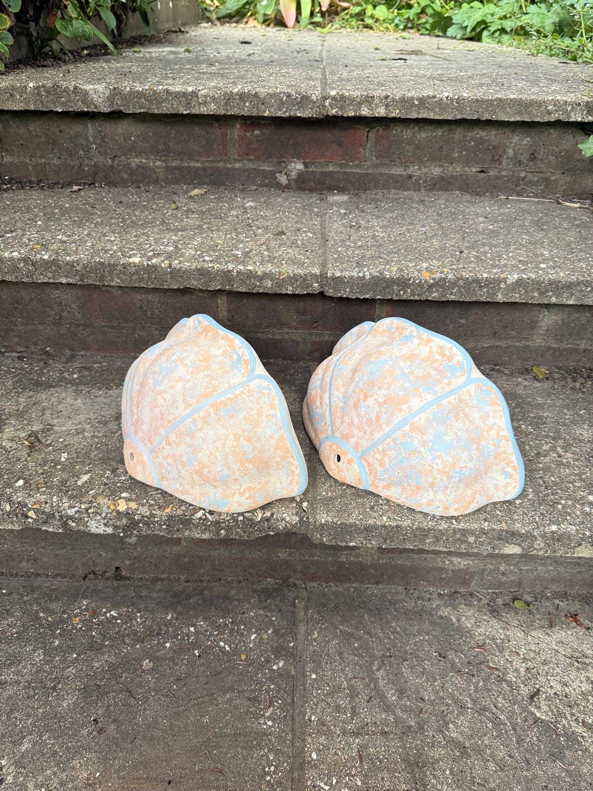 Vintage Pair Of Plaster Wall Planters Or Vintage Outdoor Light Sconces   Delightfully Mediterranean, 1980s Painted Finish, Shell Shaped photo vintage