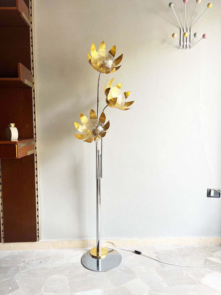 Vintage 70's Brass And Metal Floral Floor Lamp  Top Lighting photo furniture