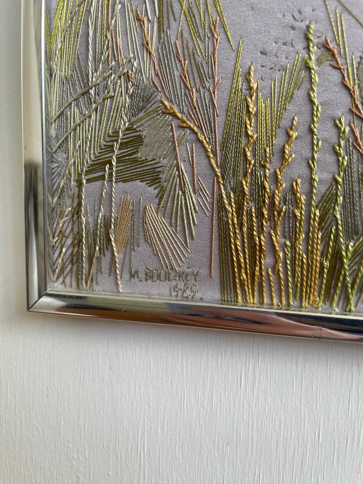 80s Needlework Art Of Poppies And Grass In A Muted Blue Grey Scene By Mary Boughey photo Art