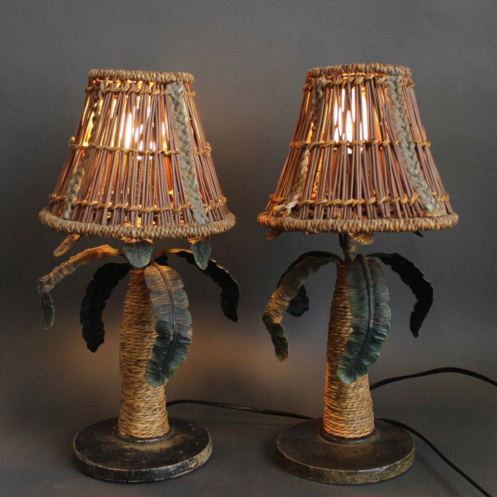 Pair Of Mid Century French Tôle Palm Tree Table Lamps (Circa 1960s) photo for sale