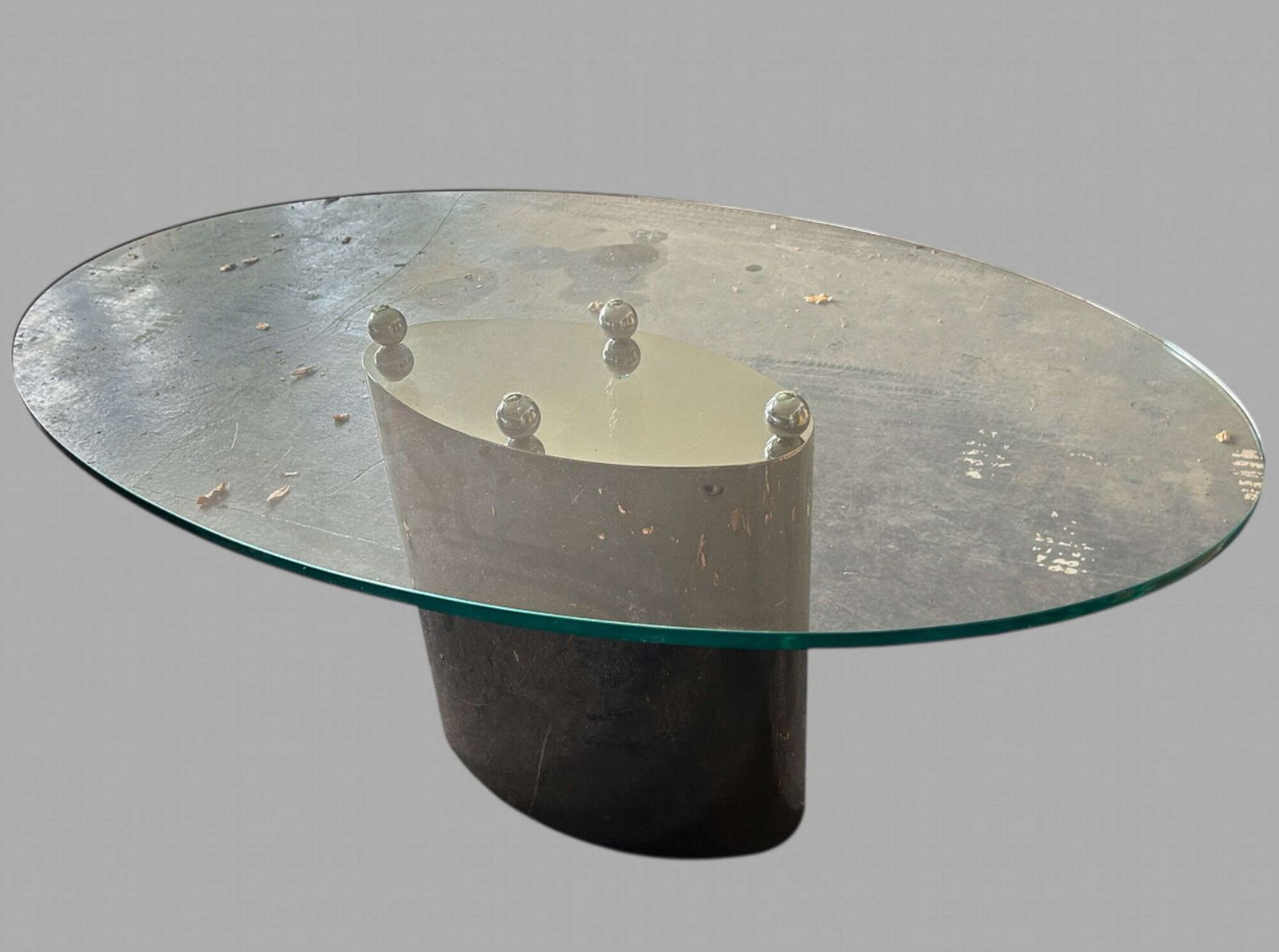 A Decorative Italian Clear Glass Oval Table On Chrome Stand photo for sale