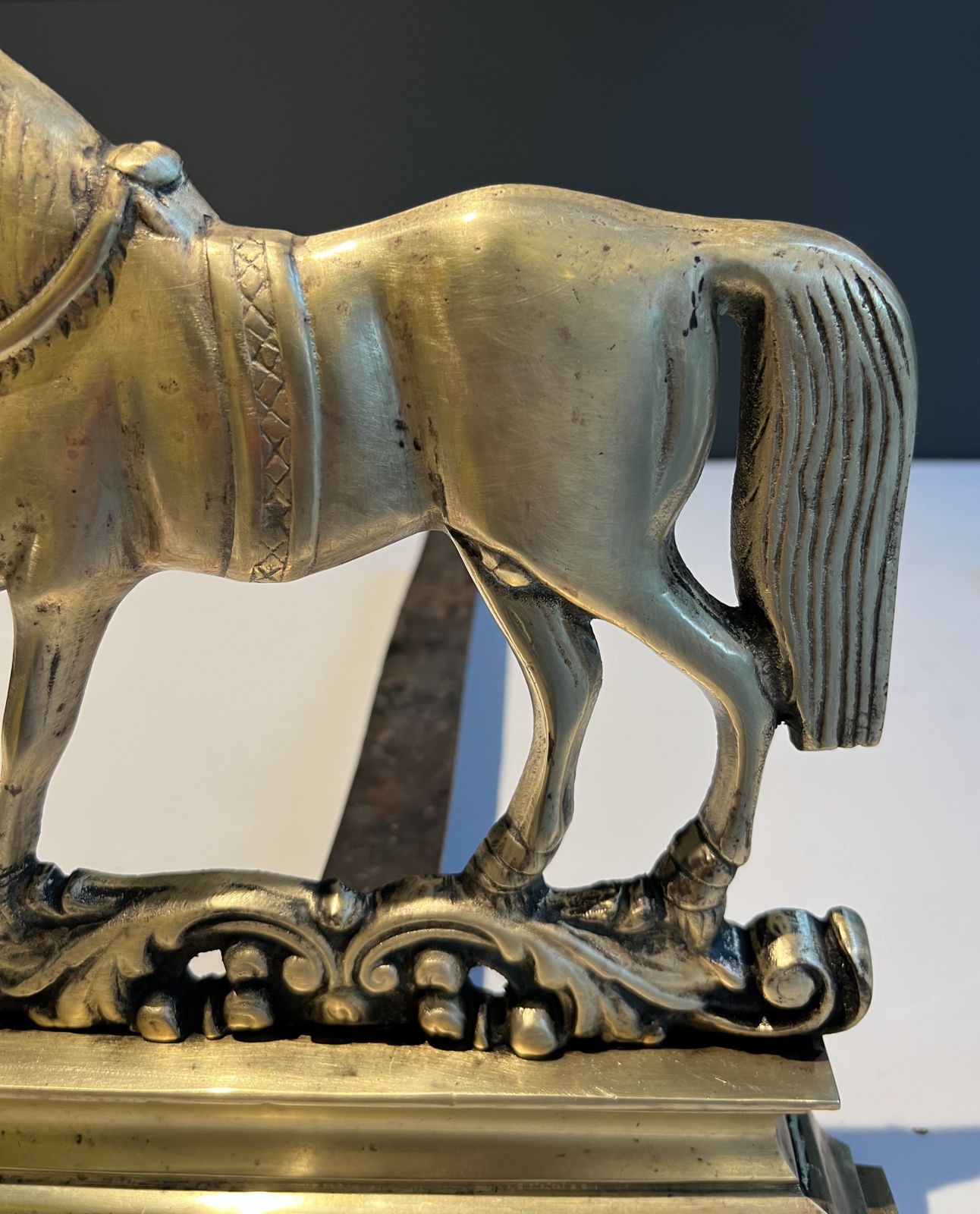 photo for sale Pair Of Bronze Horse Andirons, 1970s