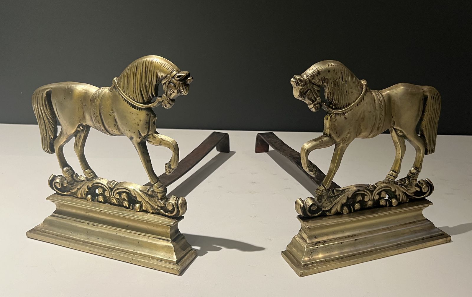 photo vintage Pair Of Bronze Horse Andirons, 1970s