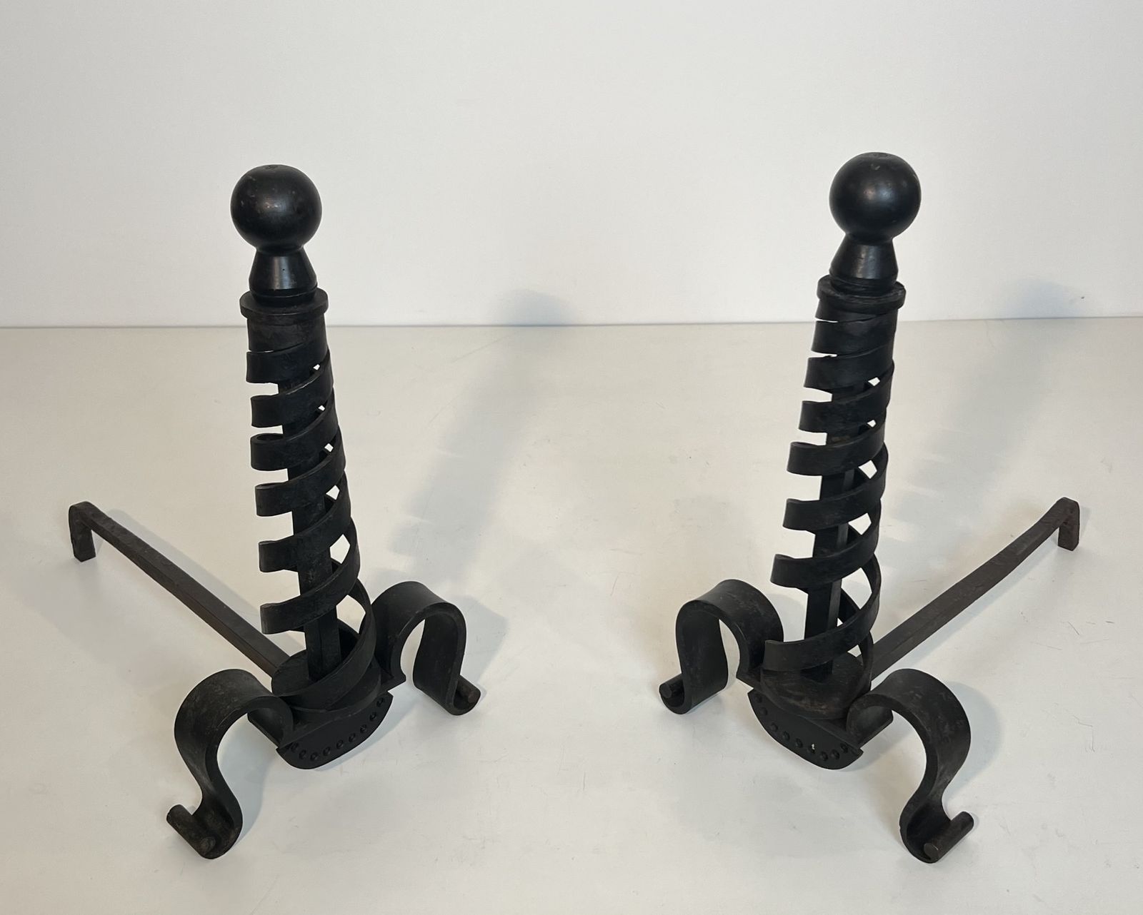 photo vinterior Pair Of Modernist Wrought Iron Andirons By Raymond Subes