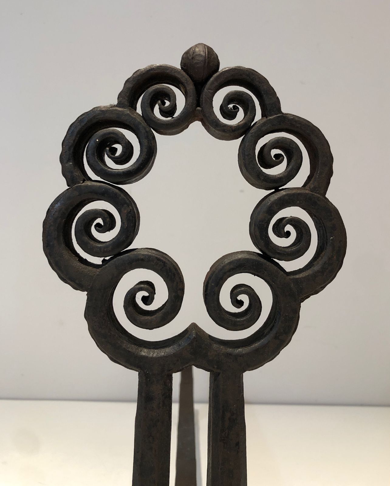 Pair Of Art Nouveau Hammered Wrought Iron Andirons Signed Wanner Geneva photo vinterior