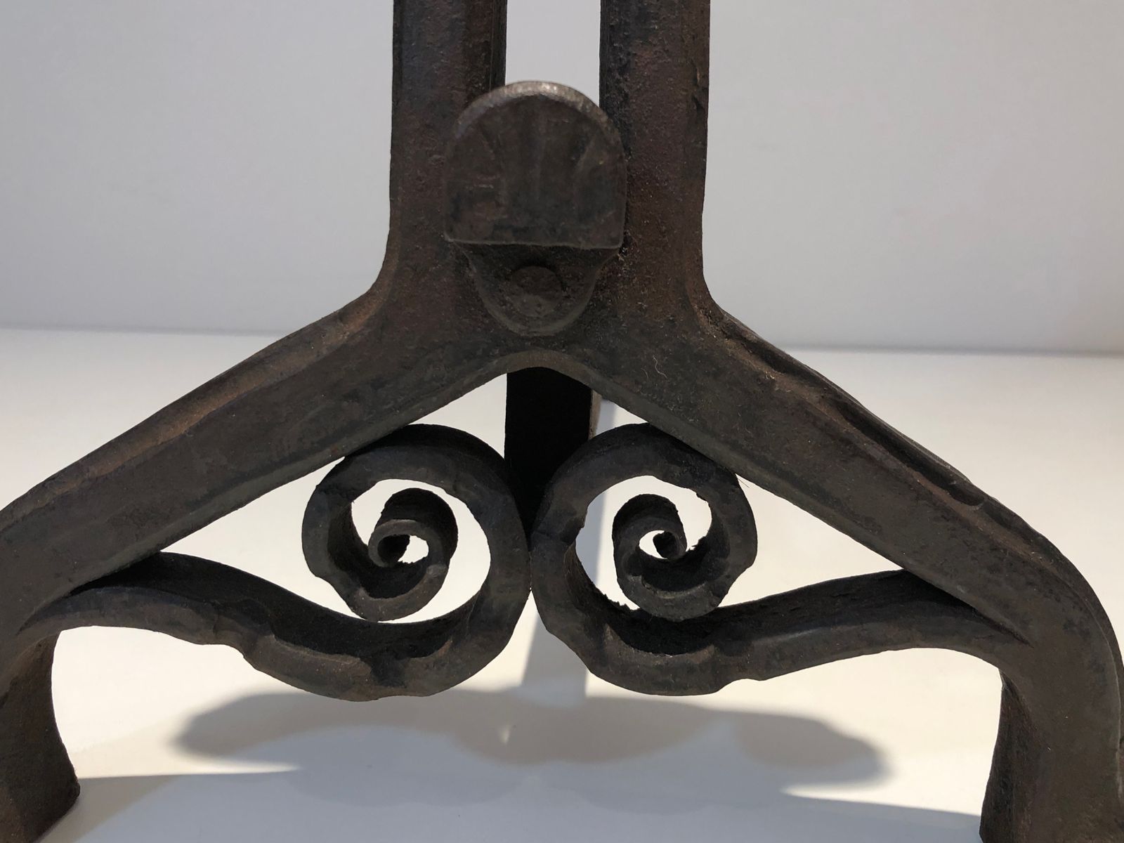 photo furniture Pair Of Art Nouveau Hammered Wrought Iron Andirons Signed Wanner Geneva