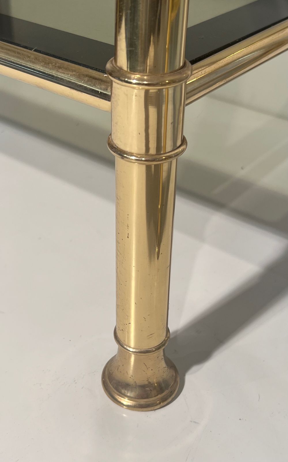 photo furniture Pair Of Brass End Tables With Smoked Glass Trays. Circa 1970