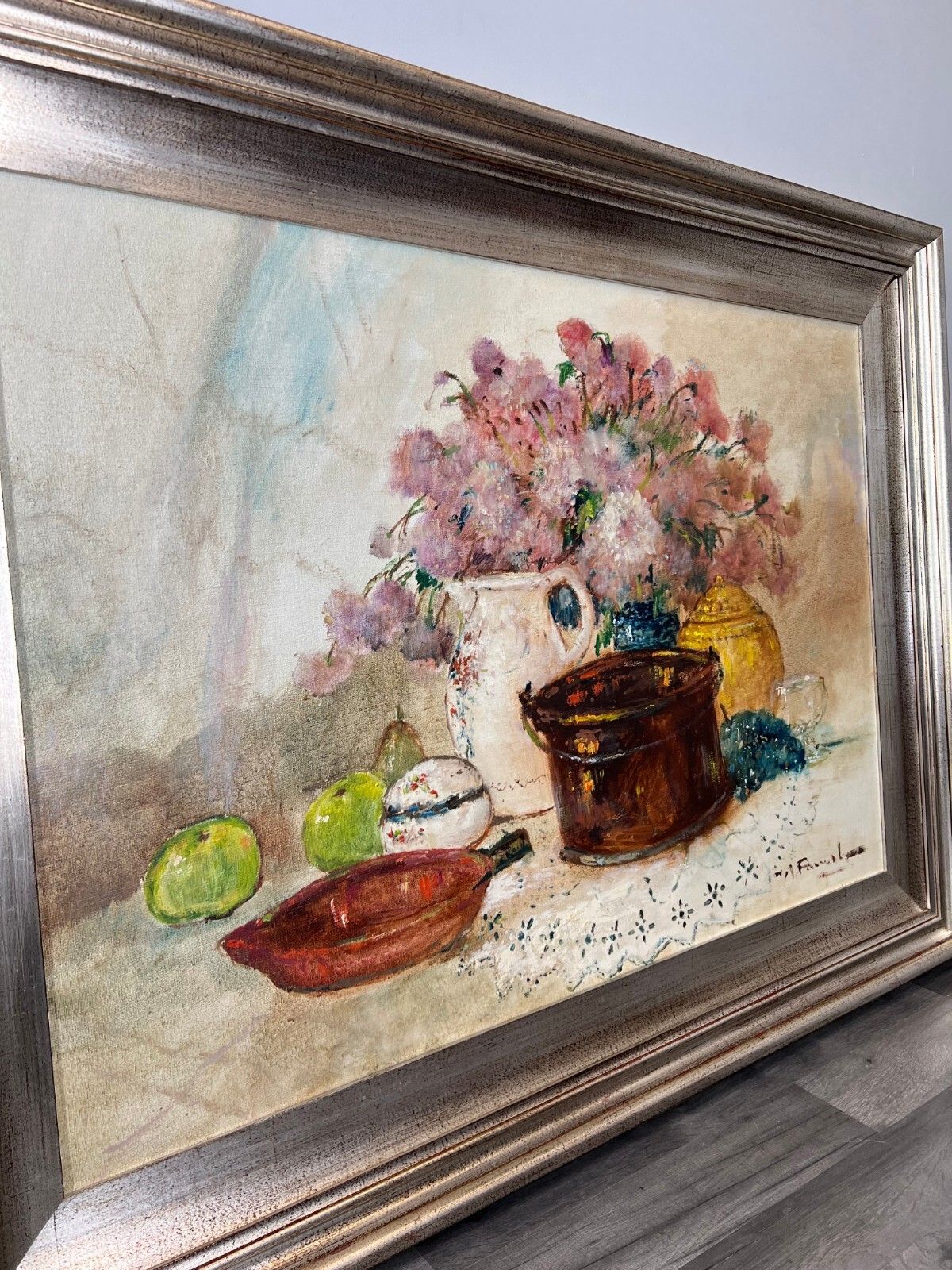 Signed Oil Painting Still Life Flowers Fruit Large Framed Artwork Lot 3821 photo vinterior