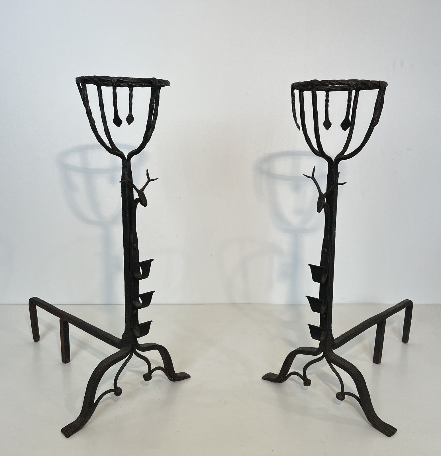 Important Pair Of Wrought Iron Andiers With Deer Heads photo furniture