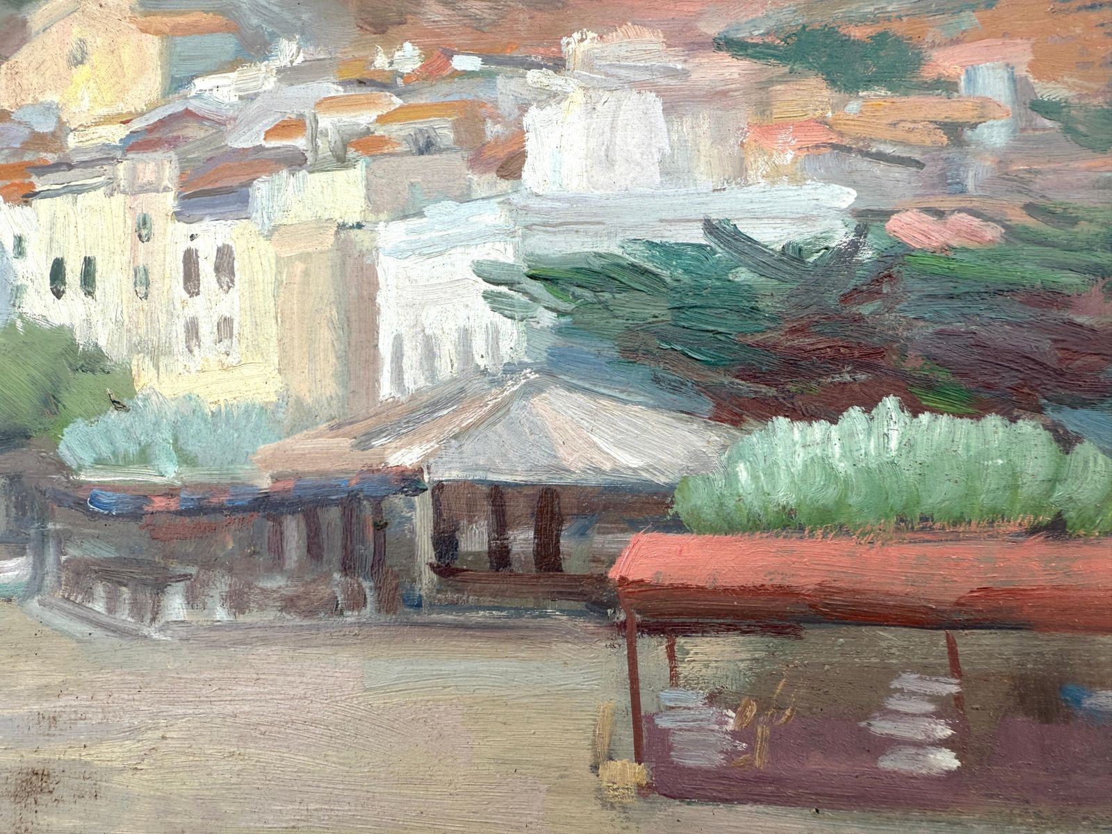 View Of Cadaqués Oil On Board Painting Mediterranean Landscape Spain photo for sale