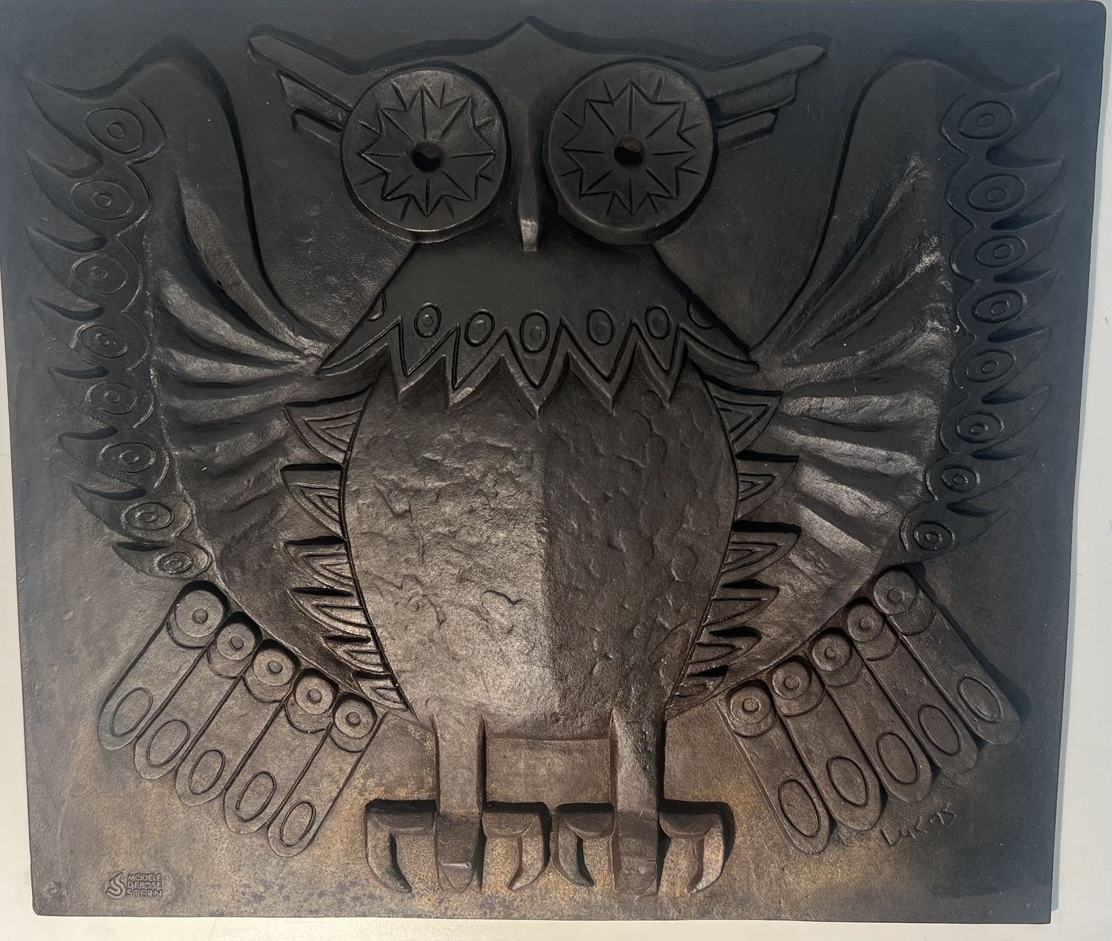 Modernist Cast Iron Fireplace Plate Owl Model Signed Lucas photo furniture