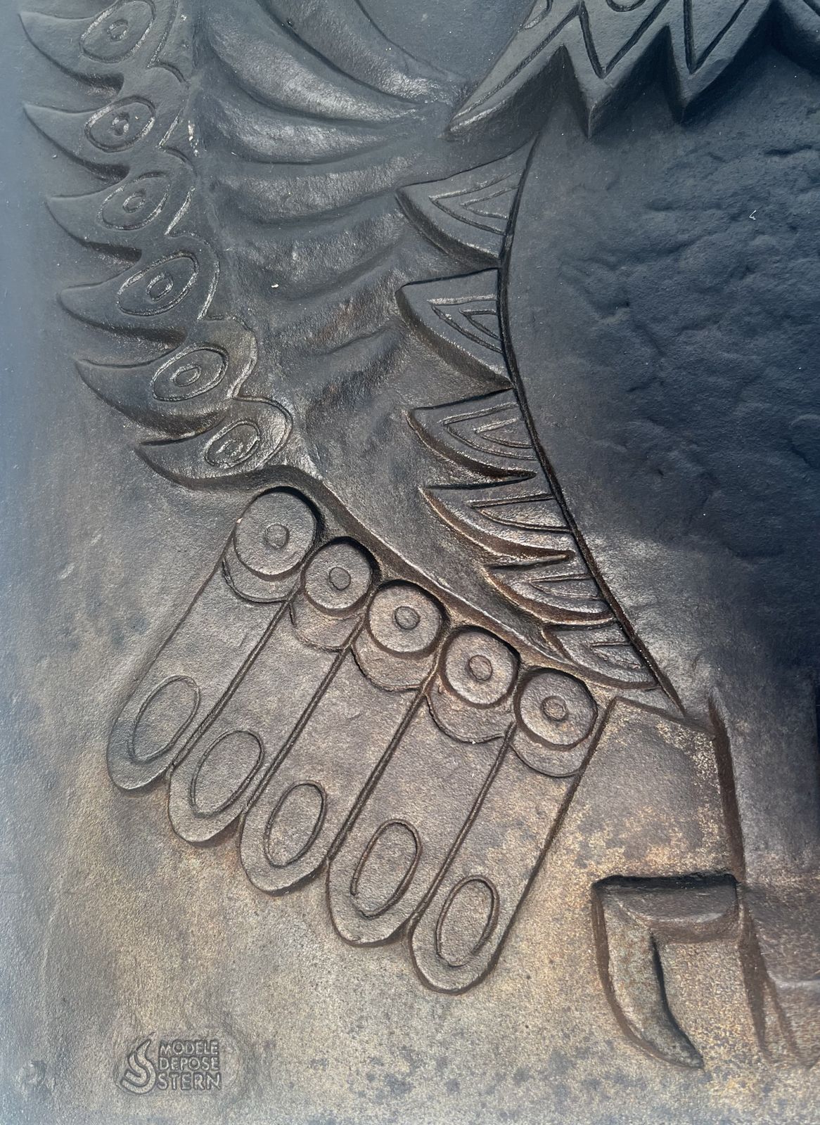 Modernist Cast Iron Fireplace Plate Owl Model Signed Lucas photo Home Fixtures
