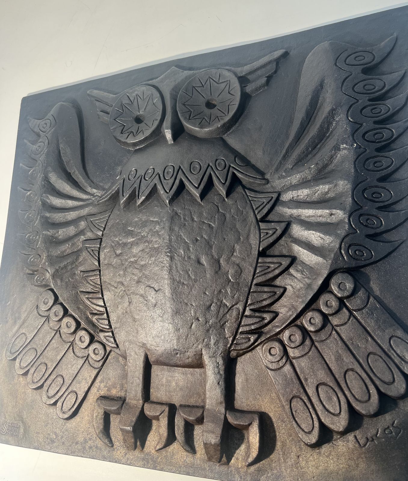 photo vinterior Modernist Cast Iron Fireplace Plate Owl Model Signed Lucas