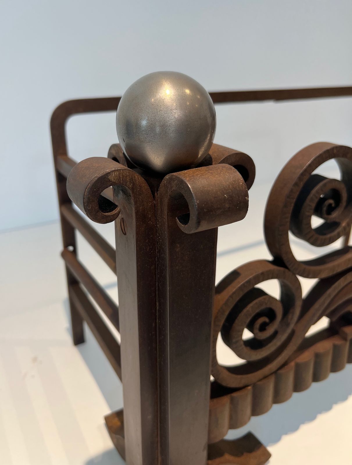 Log Basket Or Andirons In Hammered Wrought Iron And Chrome In The Style Of Edgar Brandt. Circa 1930 photo vinterior