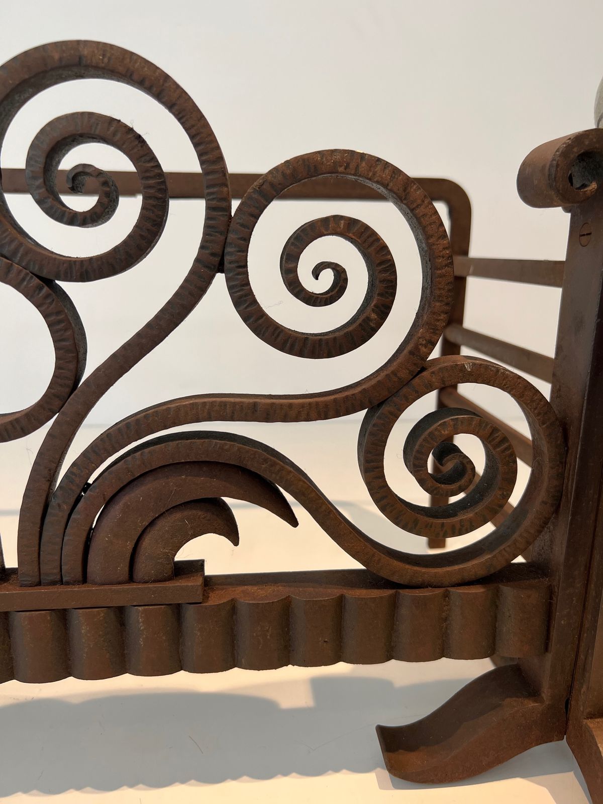 photo for sale Log Basket Or Andirons In Hammered Wrought Iron And Chrome In The Style Of Edgar Brandt. Circa 1930