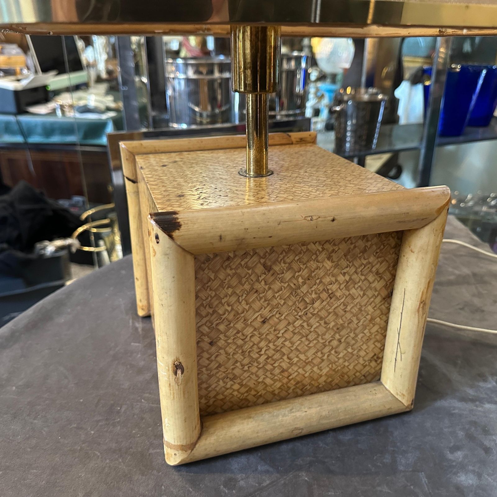 1970s Gio Batta Mid Century Modern Bamboo And Brass Italian Square Table Lamp photo furniture