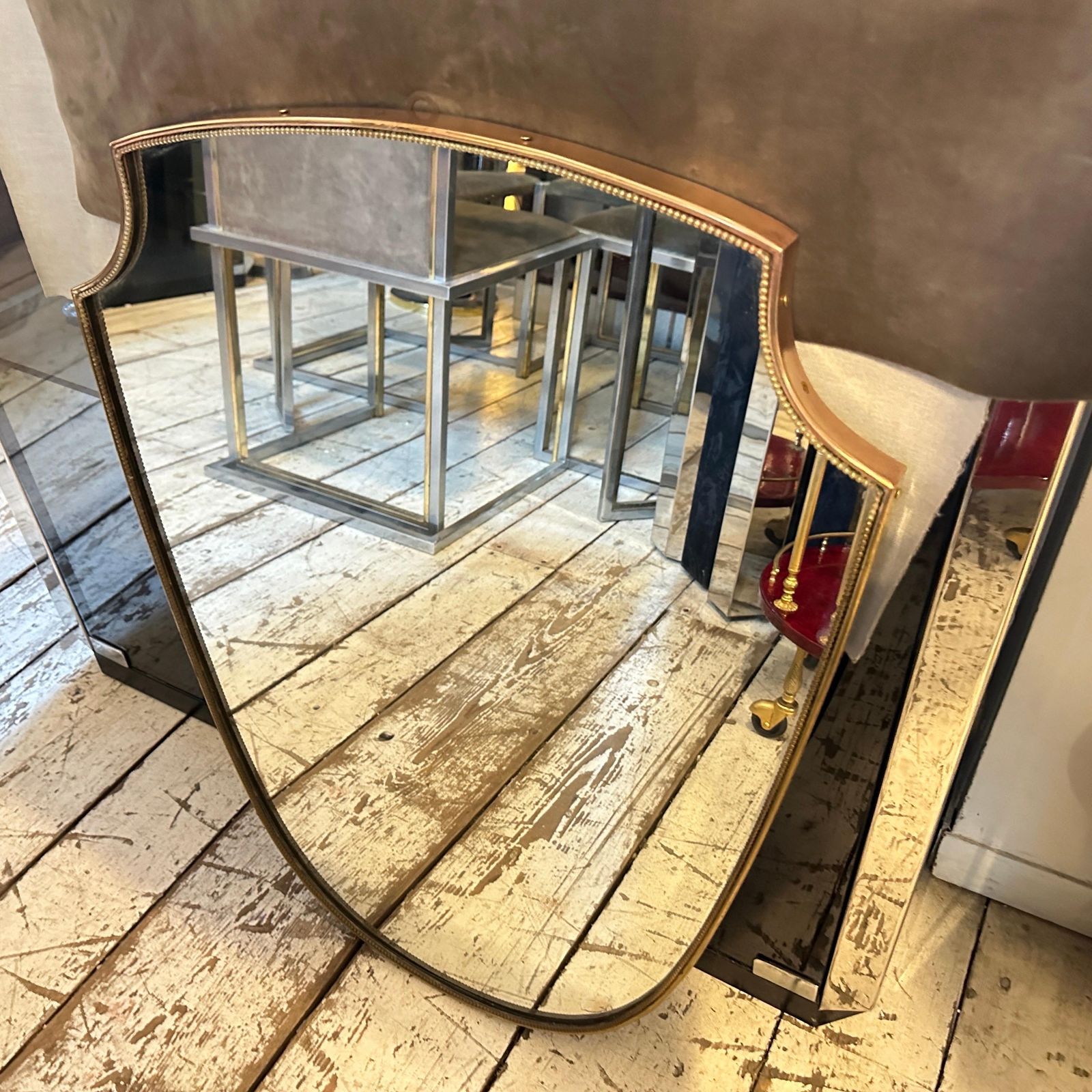 1960s Gio Ponti Style Mid Century Modern Brass Italian Shield Wall Mirror photo vintage