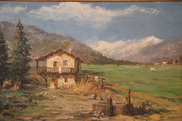 Italian Artist, Mountain Valley Landscape, Oil Painting On Plywood, Framed photo furniture
