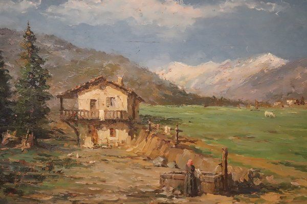 Italian Artist, Mountain Valley Landscape, Oil Painting On Plywood, Framed photo 3014.0