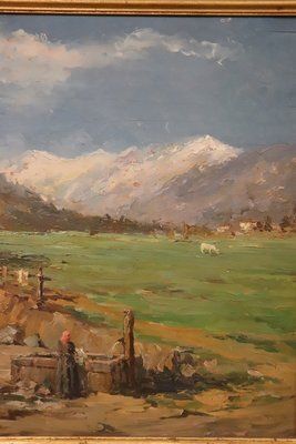 Italian Artist, Mountain Valley Landscape, Oil Painting On Plywood, Framed photo buy