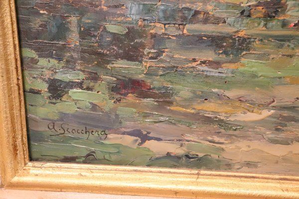 Art Italian Artist, Mountain Valley Landscape, Oil Painting On Plywood, Framed photo