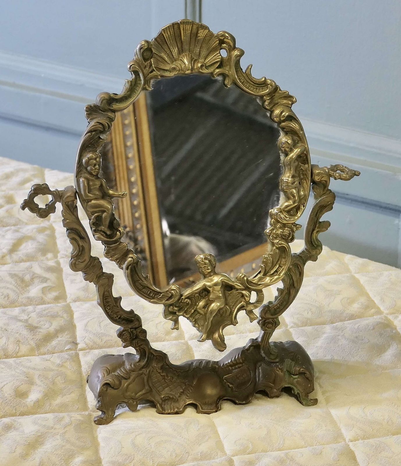 Arts And Crafts Gothic Style Brass Mirror photo for sale