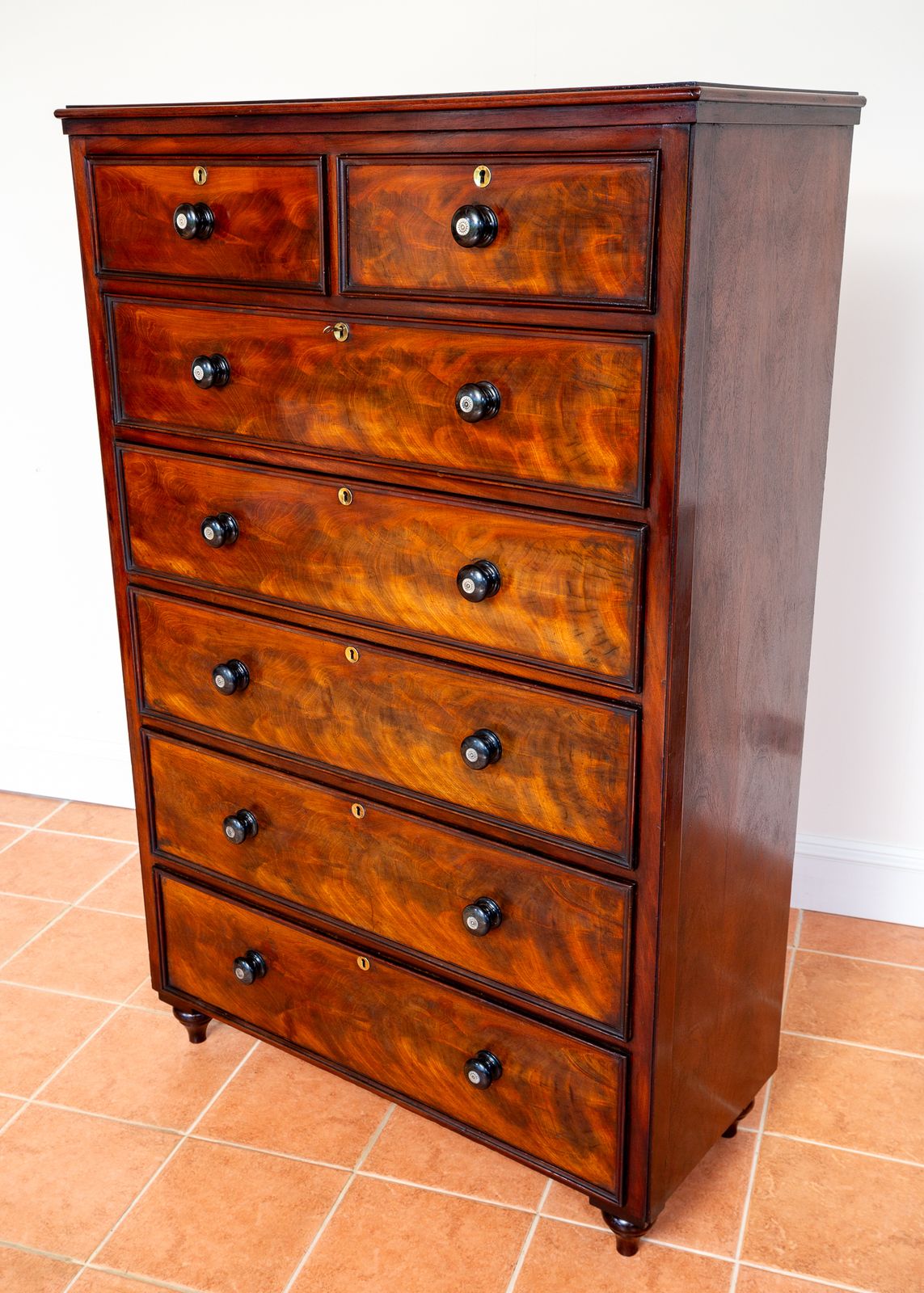 Rare Tall Antique Chest Of Drawers Flame Mahogany 1840 Country House Highboy Tallyboy 7 Drawers Biedermeier 19th Century Mother Pearl Early Victoria.N photo vintage