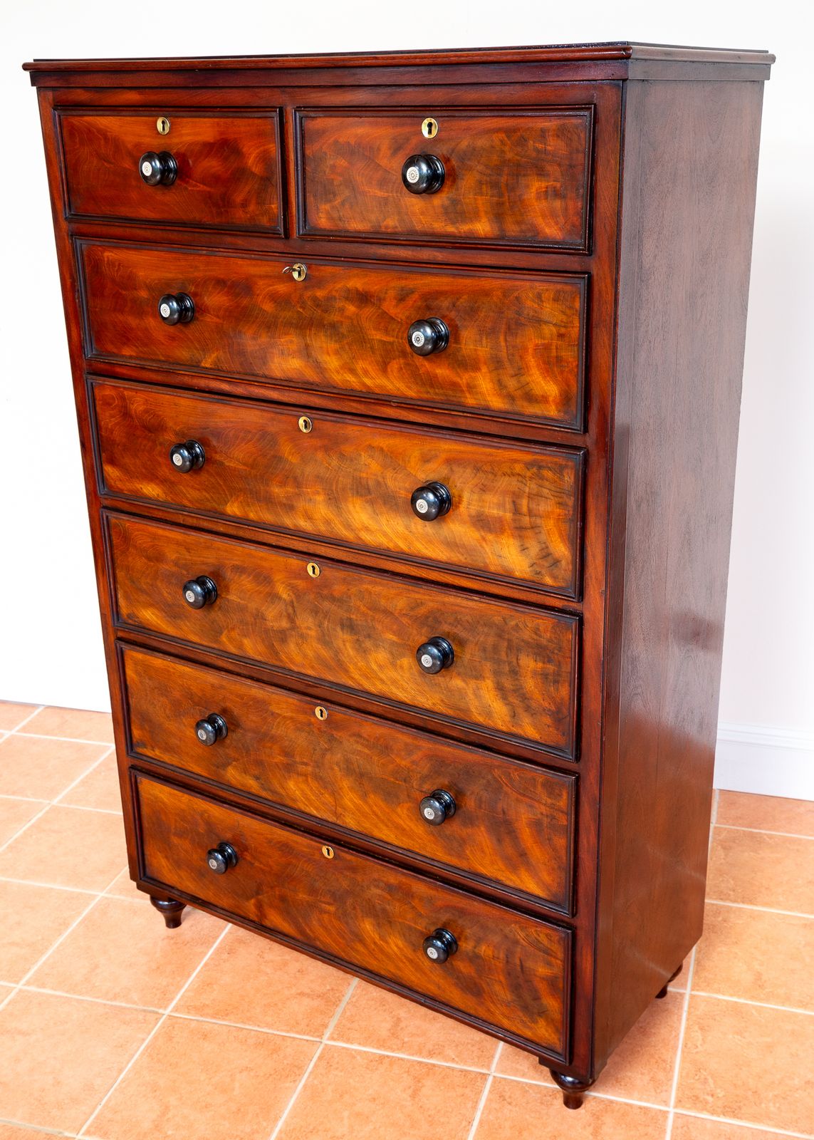 Rare Tall Antique Chest Of Drawers Flame Mahogany 1840 Country House Highboy Tallyboy 7 Drawers Biedermeier 19th Century Mother Pearl Early Victoria.N photo for sale