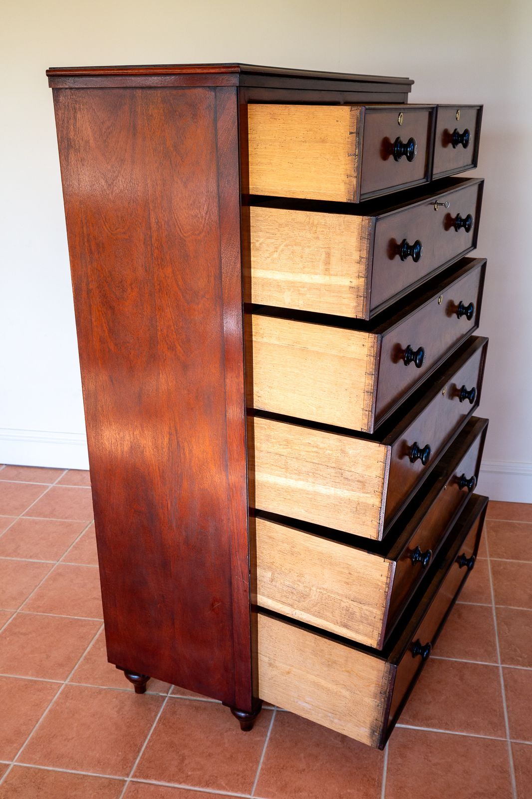 Rare Tall Antique Chest Of Drawers Flame Mahogany 1840 Country House Highboy Tallyboy 7 Drawers Biedermeier 19th Century Mother Pearl Early Victoria.N photo vinterior