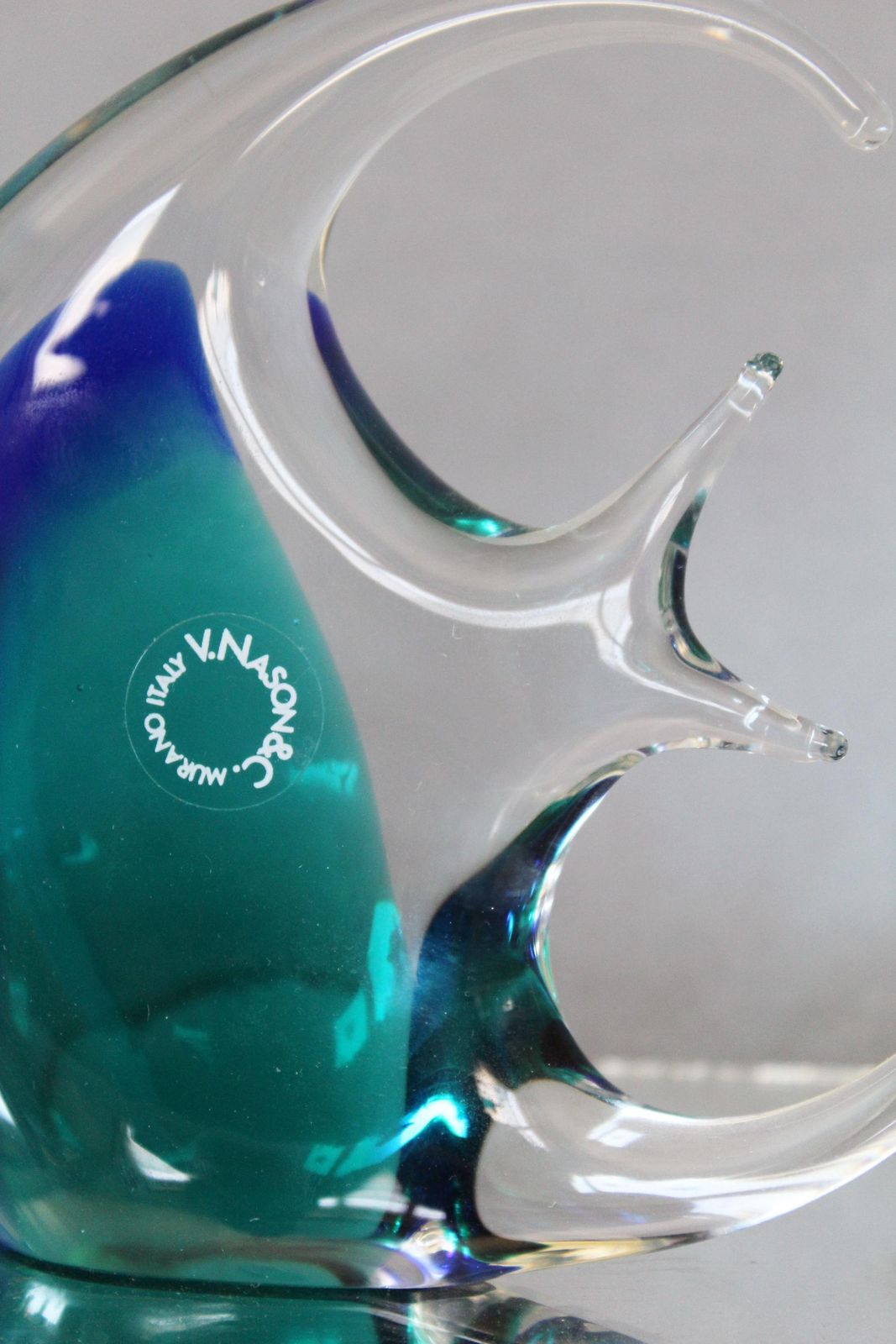 Vintage Vincenzo Nason Art Glass Sculpture, Flat Fish, Murano, Vnc Italy, Original Label, Turquoise Blue Clear, Hand Made photo for sale