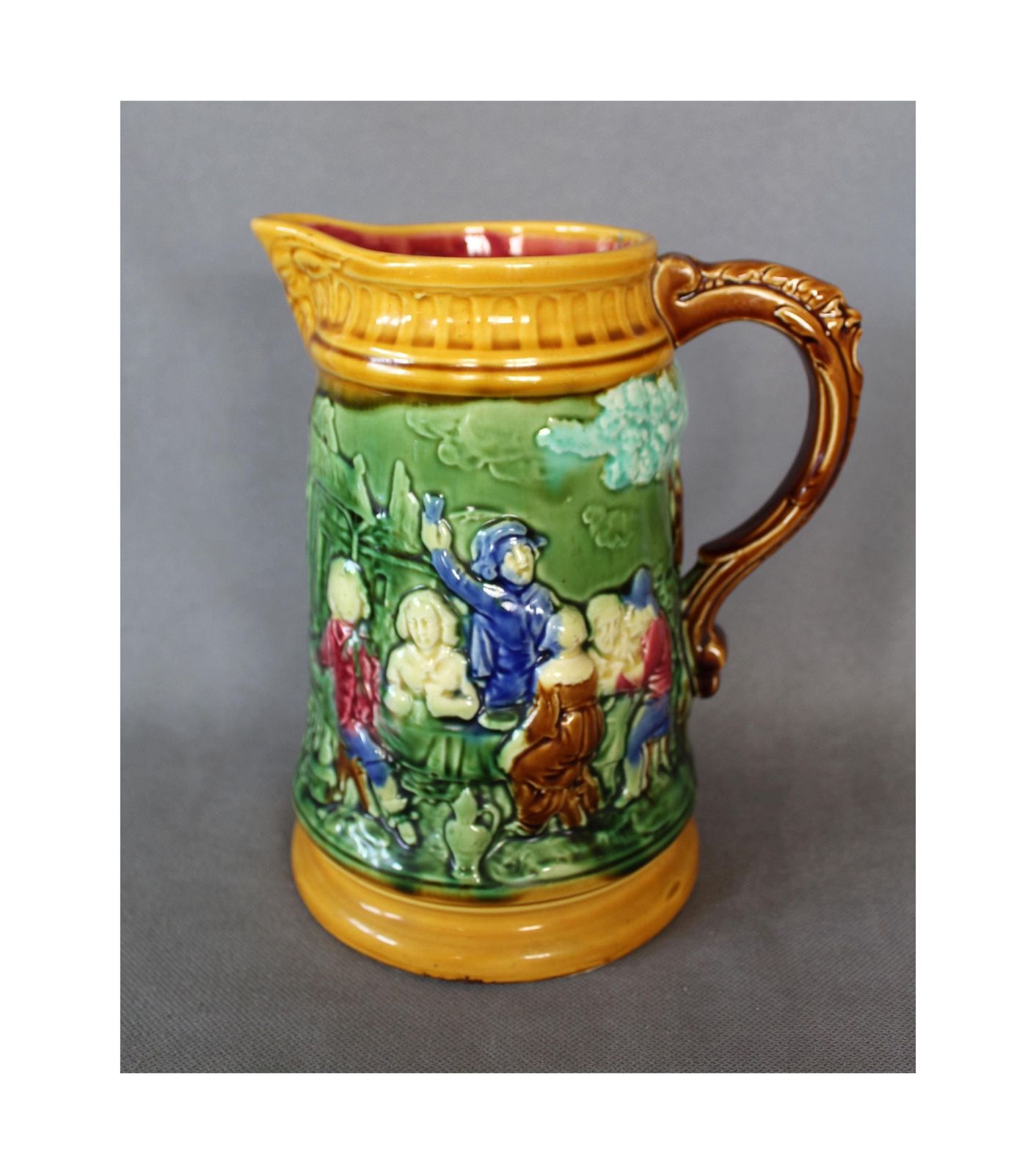 Large And Tall Antique French, Mid To Late 19th Century, Majolica Ceramic Jug, Water Pitcher, Collectible, Victorian, Harvest And Feast