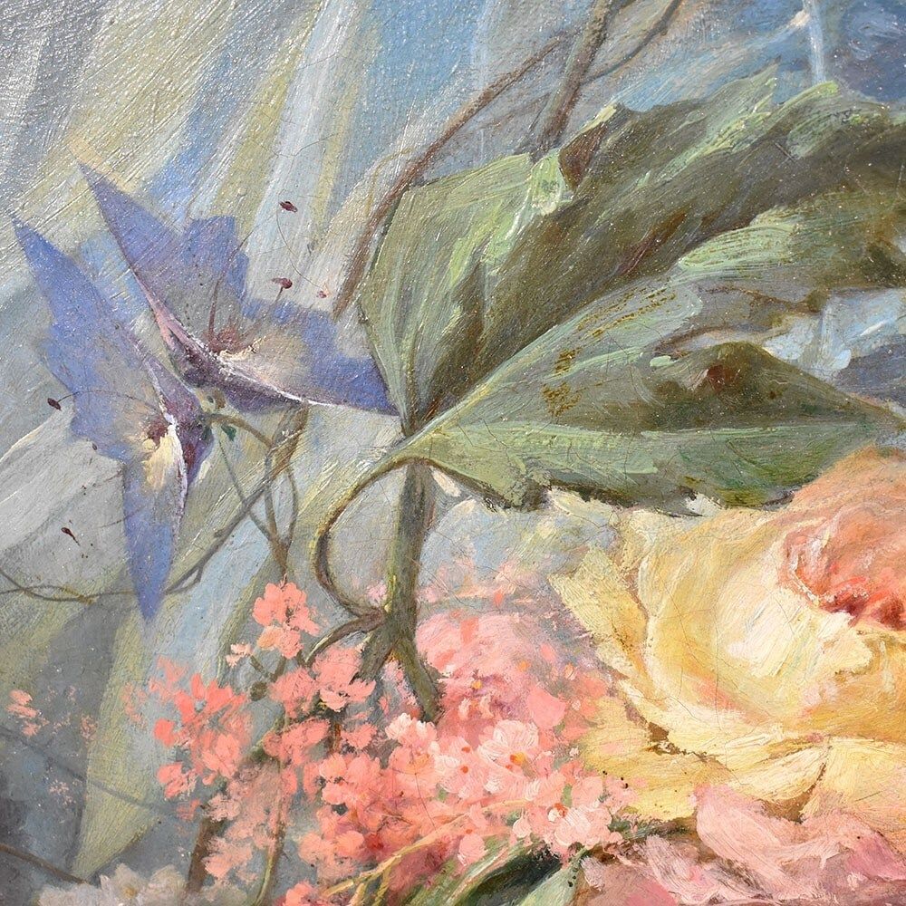 Antique Flower Painting, Dahlias, Roses And Hydrangeas Flowers, Oil On Canvas, 19th Century. (Qf557) photo 2200.0