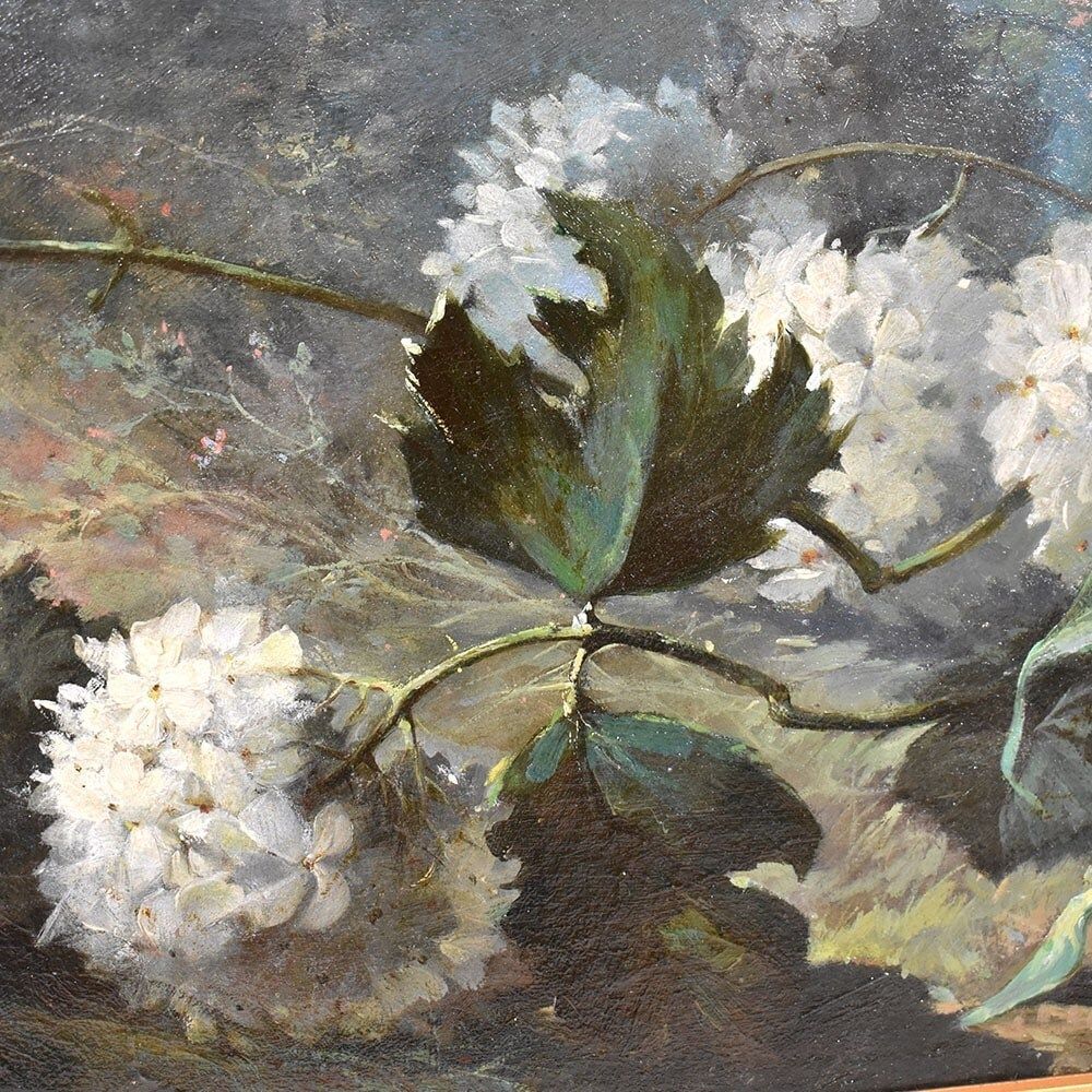 Antique Flower Painting, Dahlias, Roses And Hydrangeas Flowers, Oil On Canvas, 19th Century. (Qf557) photo vinterior