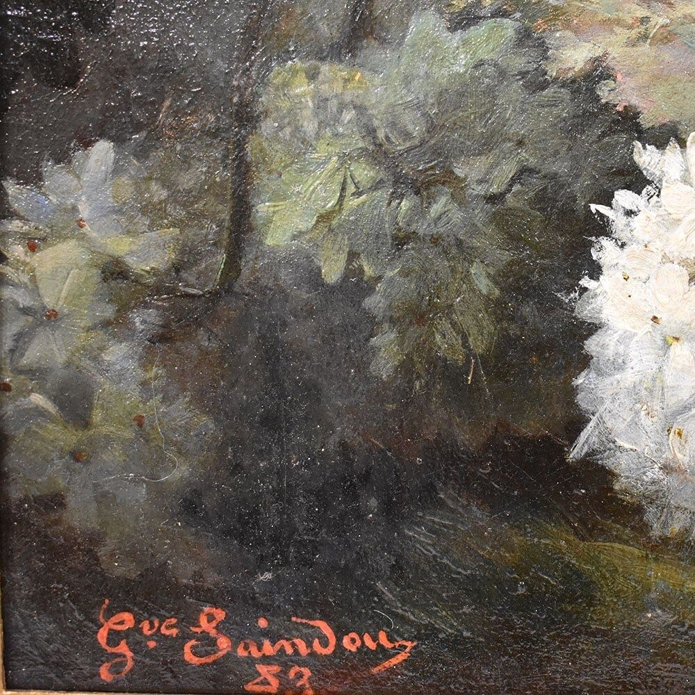 photo furniture Antique Flower Painting, Dahlias, Roses And Hydrangeas Flowers, Oil On Canvas, 19th Century. (Qf557)