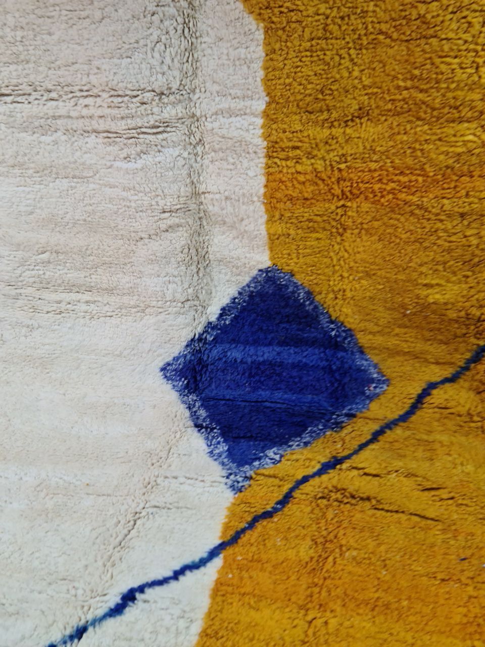 Large Handwoven Beni Ourain Moroccan Rug – 400x270 Cm – Abstract Geometric Design In Mustard, Cream & Indigo photo furniture
