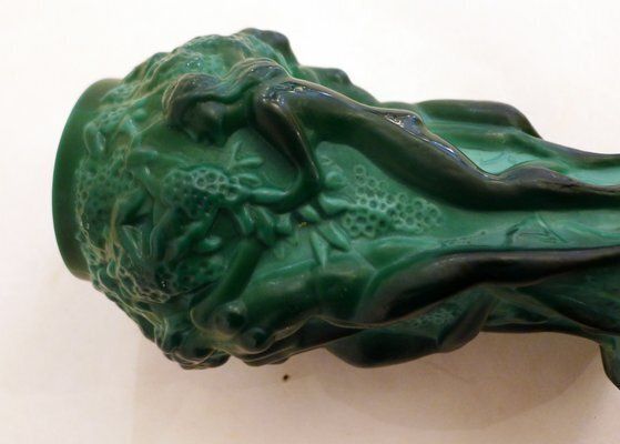 Small Czech Art Deco Vasein Malachite Green Opaline Glass With Bacchantes Attributed To Heinrich Hoffmann, 1930s photo vinterior