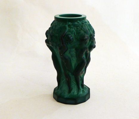 Small Czech Art Deco Vasein Malachite Green Opaline Glass With Bacchantes Attributed To Heinrich Hoffmann, 1930s