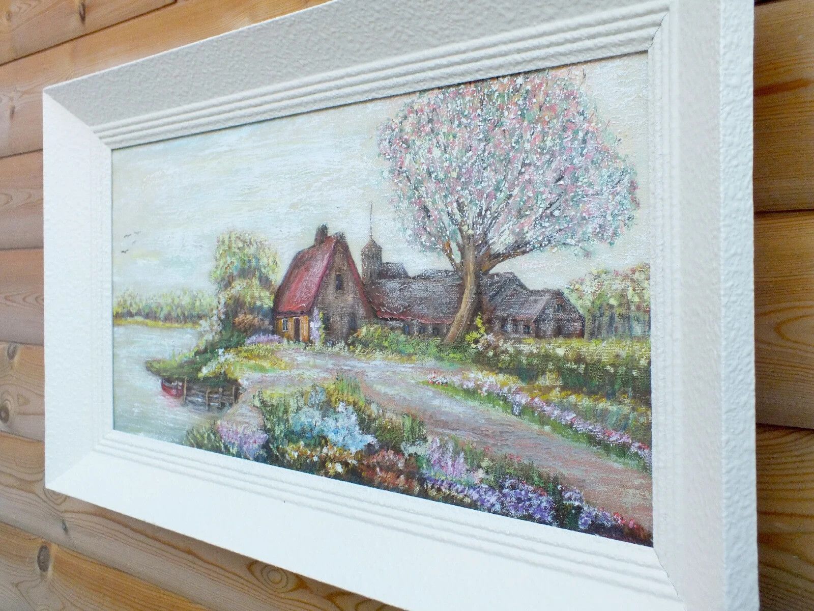 photo furniture French Impressionist Farmhouse Lakeside Landscape Original Vintage Oil Painting