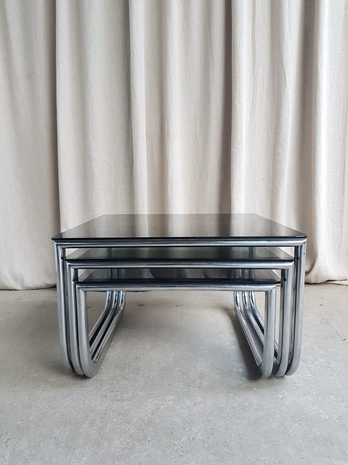 Vtg Mid Century Chrome 70s Modernist Nest Of Tables Danish Retro R330 photo for sale