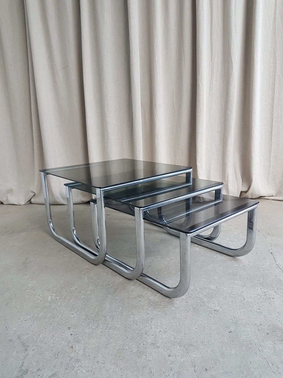 Vtg Mid Century Chrome 70s Modernist Nest Of Tables Danish Retro R330 photo 373.75